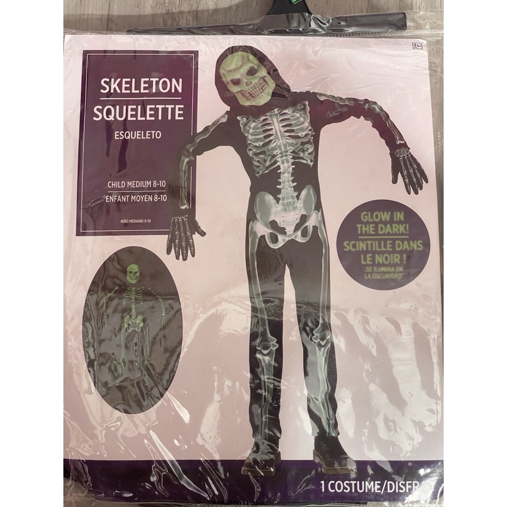 Skeleton Child Costume Size M 8-10 Years 4 Piece Unisex Glow In The Dark
